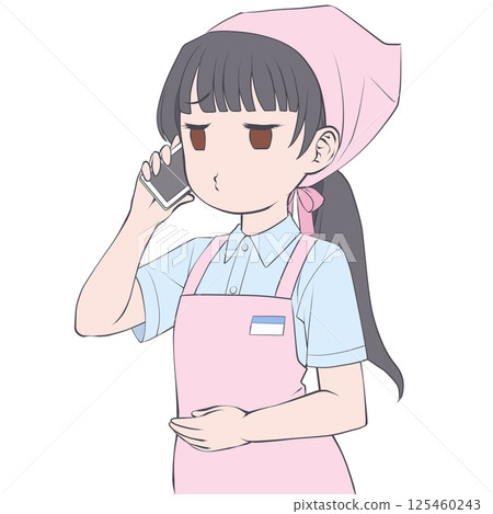 A black-haired female store clerk making a phone call on her smartphone - pouting 125460243