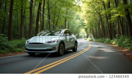EV car, Electric car or hydrogen energy car on road midst forest and natural. Environmental friendly travel. 125460349