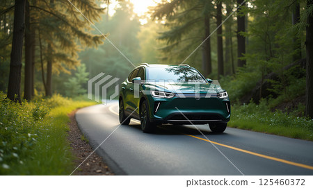 EV car, Electric car or hydrogen energy car on road midst forest and natural. Environmental friendly travel. EV car, Electric car or hydrogen energy car on road midst forest and natural. Environmental friendly travel. 125460372