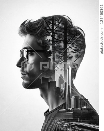 A profile image of a young man wearing glasses, made using the double exposure technique. 125460561