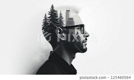 A profile image of a young man wearing glasses, made using the double exposure technique. 125460564