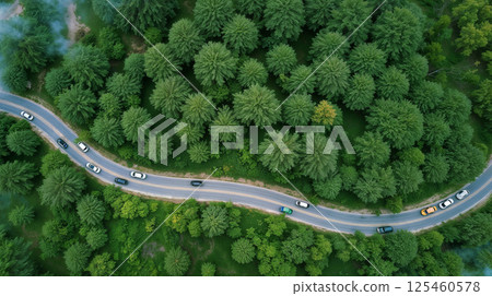 EV car, Electric car or hydrogen energy car on road midst forest and natural. Environmental friendly travel. EV car, Electric car or hydrogen energy car on road midst forest and natural. Environmental friendly travel. 125460578