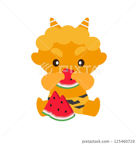 向量圖的黃色惡魔正在吃切片西瓜 向量圖的黃色惡魔正在吃切片西瓜 125460728