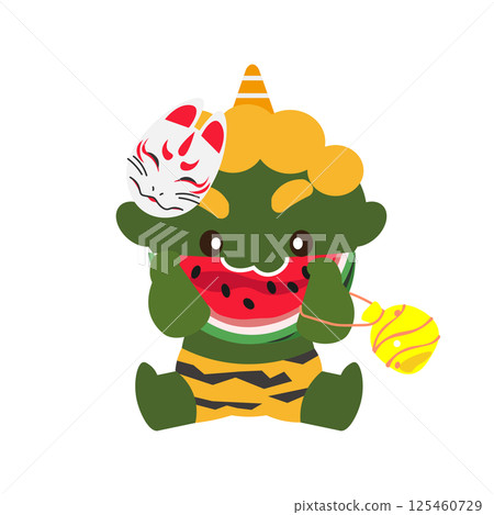 An illustration of a green demon wearing a fox mask and eating watermelon while holding a yo-yo 125460729