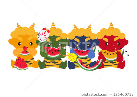 A colorful illustration of demons eating watermelon in a row 125460732