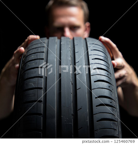 A pair of hands carefully hold a modern car tire, showing off the tread pattern. The focus is sharply on the center of the tread, with the hands slightly out of focus in the foreground and bac A pair of hands carefully hold a modern car tire, showing off the tread pattern. The focus is sharply on the center of the tread, with the hands slightly out of focus in the foreground and bac 125460769