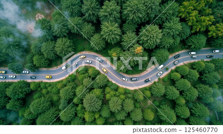 EV car, Electric car or hydrogen energy car on road midst forest and natural. Environmental friendly travel. EV car, Electric car or hydrogen energy car on road midst forest and natural. Environmental friendly travel. 125460770