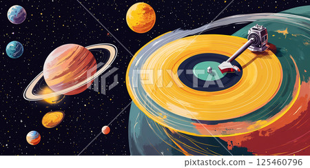 A stylized cosmic scene with colorful planets and stars featuring a turntable's tonearm on a vibrant vinyl record, merging music with space elements in a whimsical way 125460796