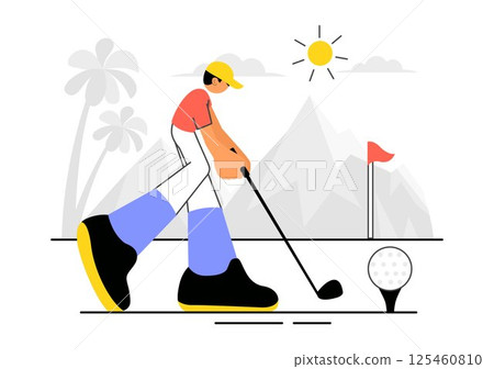 Golf Sport Vector Illustration Featuring Flags, Golf Cart, Clubs, Green Field, and Sand Bunker for Outdoor Fun and Active Lifestyle in Background Golf Sport Vector Illustration Featuring Flags, Golf Cart, Clubs, Green Field, and Sand Bunker for Outdoor Fun and Active Lifestyle in Background 125460810
