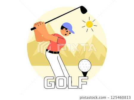 Golf Sport Vector Illustration Featuring Flags, Golf Cart, Clubs, Green Field, and Sand Bunker for Outdoor Fun and Active Lifestyle in Background 125460813