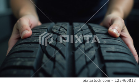 A pair of hands carefully hold a modern car tire, showing off the tread pattern. The focus is sharply on the center of the tread, with the hands slightly out of focus in the foreground and bac 125460818