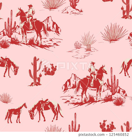 Cute Rodeo Cowboys seamless vector pattern. desert landscape with cacti repeating background. Wild West surface pattern design for All fabric and Prints 125460852