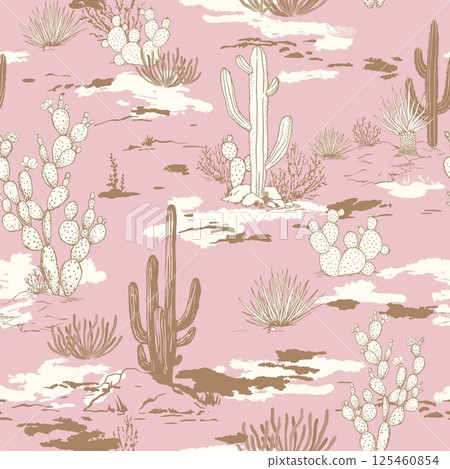 Seamless Pattern of Desert Landscape with Cacti and Vegetation. Wild West Surface Poster Design for All Fabrics and Prints. Background Wallpaper featuring Arizona vector artwork. 125460854