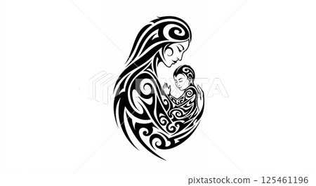Stylized black and white tribal tattoo art depicting a mother tenderly holding a baby in her arms, characterized by intricate swirling patterns and elegant curves 125461196
