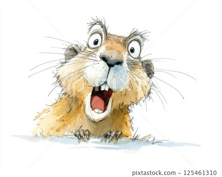 Watercolor cartoon illustration of a surprised marmot face with funny expression on white background Watercolor cartoon illustration of a surprised marmot face with funny expression on white background 125461310