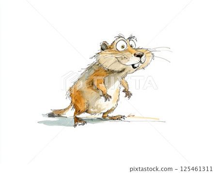 Watercolor cartoon illustration of a surprised marmot face with funny expression on white background 125461311