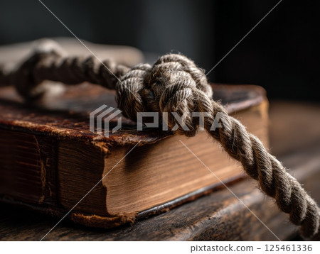 Knotted rope resting on ancient book symbolizing burden and faith 125461336