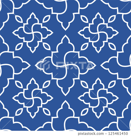 Modern seamless abstract floral pattern featuring flowing white lines over a classic blue backdrop. Ideal for luxury branding, packaging, and stylish backgrounds. 125461450
