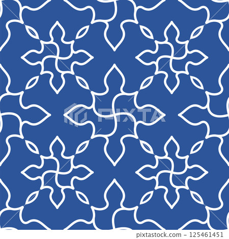 Seamless floral line art pattern with elegant white curves on a deep blue background. Perfect for fabric prints, wallpapers, and creative graphic projects. 125461451