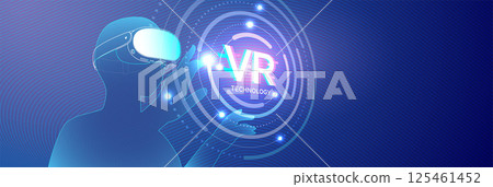 VR Technology illustration featuring a person in virtual reality gear reaching towards a digital hologram, surrounded by neon lights and abstract tech patterns. VR Technology illustration featuring a person in virtual reality gear reaching towards a digital hologram, surrounded by neon lights and abstract tech patterns. 125461452