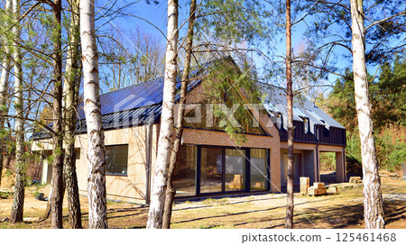 A suburban district of single-family homes. Single family house construction site. Modern designed single-family house under construction. 125461468