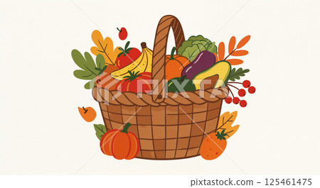 Wicker basket filled with colorful fruits and vegetables, including pumpkin, banana, avocado, tomato, and eggplant, surrounded by various autumn leaves and berries Wicker basket filled with colorful fruits and vegetables, including pumpkin, banana, avocado, tomato, and eggplant, surrounded by various autumn leaves and berries 125461475