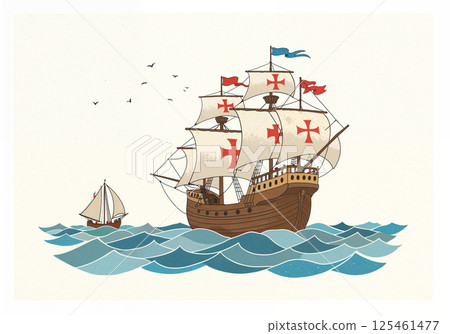 A large wooden sailing ship with red cross-adorned sails is on the ocean, accompanied by a smaller boat. Birds fly above, and the water is depicted in stylized waves 125461477
