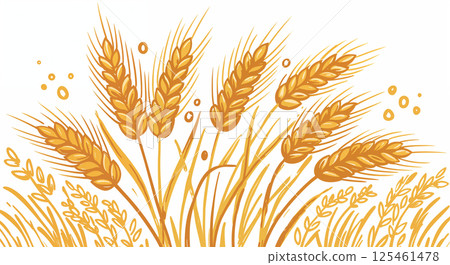 Golden wheat stalks with detailed grains and leaves are illustrated, capturing the essence of agriculture and harvest. The composition emphasizes natural elements 125461478