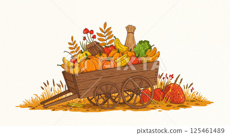 Wooden cart filled with autumn harvest featuring pumpkins, bananas, grapes, apples, strawberries, corn, greenery, and red flowers, surrounded by straw and plants 125461489