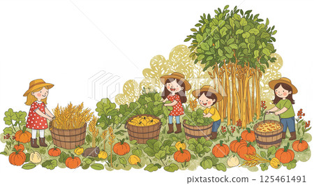 Four children in straw hats and colorful outfits harvest vegetables and fruits, placing them in baskets amid greenery, pumpkins, and sunflowers under a clear sky 125461491