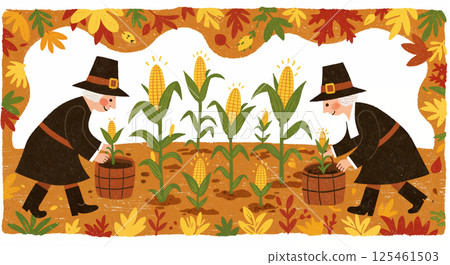 Two figures in traditional attire tend to corn plants in a field adorned with vibrant autumn leaves. Each holds a basket. Leaves frame the top and bottom, enhancing the seasonal theme 125461503