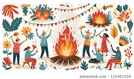 People in colorful clothing gather joyfully around a large bonfire holding flags and musical instruments. Decorative flowers and vibrant garlands fill the scene with festivity 125461504