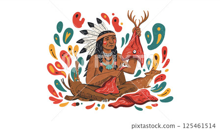 A person with a feather headdress holds a large piece of meat and antlers, surrounded by abstract colorful shapes. They sit near more meat and a stylized animal form A person with a feather headdress holds a large piece of meat and antlers, surrounded by abstract colorful shapes. They sit near more meat and a stylized animal form 125461514