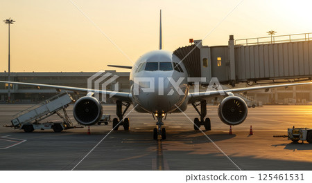 Commercial passenger aircraft at airport gate during golden hour sunset. Twin engine airliner connected to jet bridge with ground service equipment. Aviation terminal operations concept. 125461531