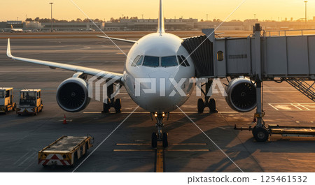 Commercial passenger aircraft at airport gate during golden hour sunset. Twin engine airliner connected to jet bridge with ground service equipment. Aviation terminal operations concept. 125461532
