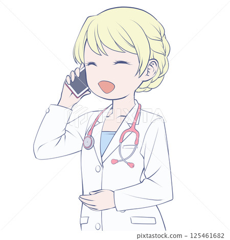 Blonde female doctor making a phone call on her smartphone, smiling 125461682
