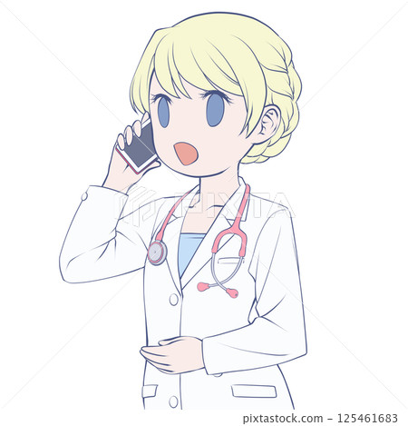 金髮女醫生用智慧型手機打電話，面帶微笑 125461683