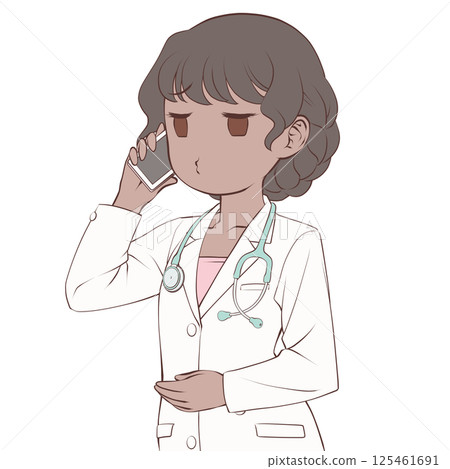 一位皮膚黝黑的女醫生用智慧型手機打電話 — — 嘟著嘴 125461691