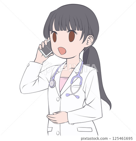 A black-haired female doctor making a phone call on her smartphone, smiling A black-haired female doctor making a phone call on her smartphone, smiling 125461695