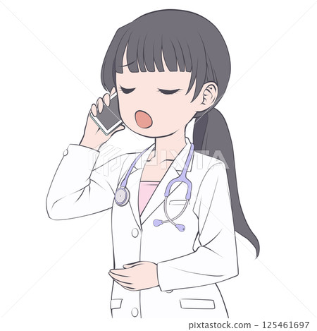 黑髮女醫生用智慧型手機打電話 — — 驚訝不已 黑髮女醫生用智慧型手機打電話 — — 驚訝不已 125461697