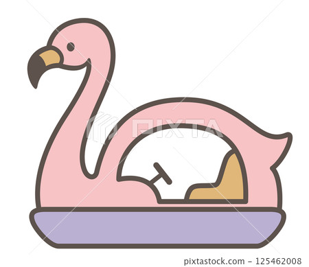 線條藝術風格向量插圖，描繪了一艘帶有可愛火烈鳥圖案的天鵝船 125462008