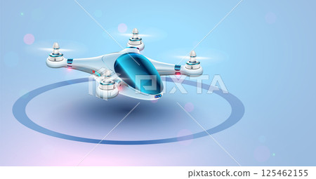 Future Drone air taxi, autonomous transport. Quadcopter of future with cabin on light background. An unmanned passenger drone lands on a helipad. Future flying passenger or delivery transport. 125462155