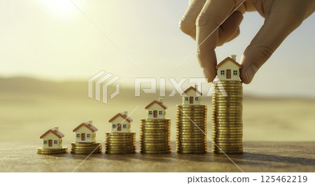 Hand places a miniature house on a stack of coins, illustrating rising property values and investment growth. Represents real estate, finance, and the increasing cost of homeownership. Hand places a miniature house on a stack of coins, illustrating rising property values and investment growth. Represents real estate, finance, and the increasing cost of homeownership. 125462219