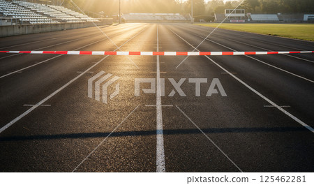 Running track with finish line barrier, empty stadium seating on the left, green grass and scoreboard on the right, bathed in warm sunlight, lines and lanes visible 125462281