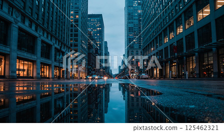 Urban street lined with tall buildings, car headlights illuminating the wet pavement, reflecting the skyscrapers and city lights in a large puddle, creating a symmetrical view 125462321