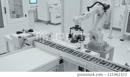 Robotic arm operates on an assembly line, precisely handling components in a modern, automated industrial environment. Detailed machinery and equipment are visible Robotic arm operates on an assembly line, precisely handling components in a modern, automated industrial environment. Detailed machinery and equipment are visible 125462323