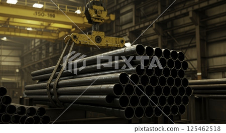 Bundle of metal pipes lifted by a yellow crane in a factory. The pipes are arranged neatly in rows. Heavy industry and manufacturing concept. Steel tubes are ready for shipment. 125462518