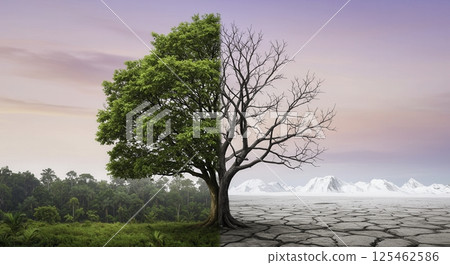 A tree stands divided between lush forest and barren land, symbolizing environmental contrast. Illustrates climate change, conservation, and the balance between nature and destruction. 125462586