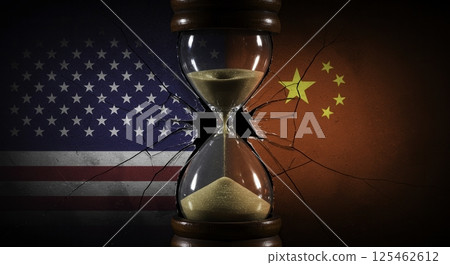 Broken hourglass with sand against the USA and China flags. Concept for trade war, economic conflict, geopolitical tension, and the passage of time. 125462612