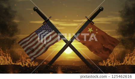 Crossed swords with the flags of the United States and China in a dramatic sunset setting, symbolizing conflict and rivalry between the two nations. 125462616